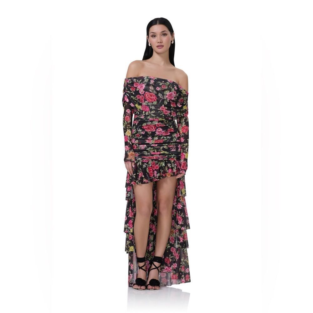 NEW AFRM Kellie Dress in 
Wallpaper Rose Black and Pink Floral High Low Dress XS